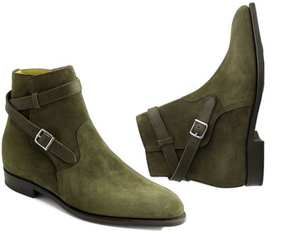 Handmade Men's Ankle Boot, Men's Dark Green Suede Buckle Casual Fashion Boot.