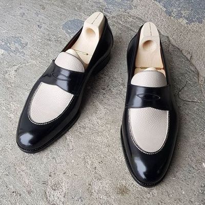 Handmade Men's Loafer Shoes, Men's Black & White Brown Leather Classic Loafer Slips Formal Shoes.