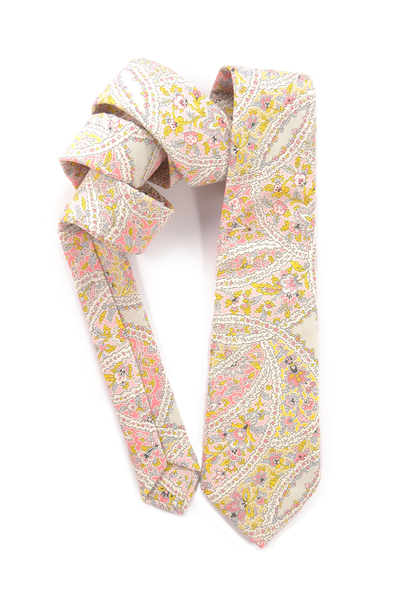 Mens Necktie Pink, gold and grey blue paisley tie