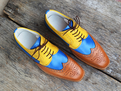 Handmade Multi Color Leather Shoes, Dress Leather Shoes Brown Blue Yellow Shoes,