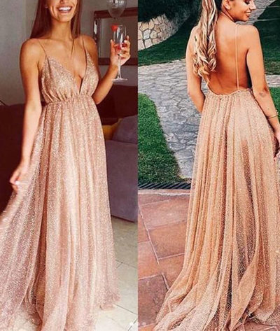 Sexy Spaghetti Straps V Neck Long Prom Dresses Evening Gowns