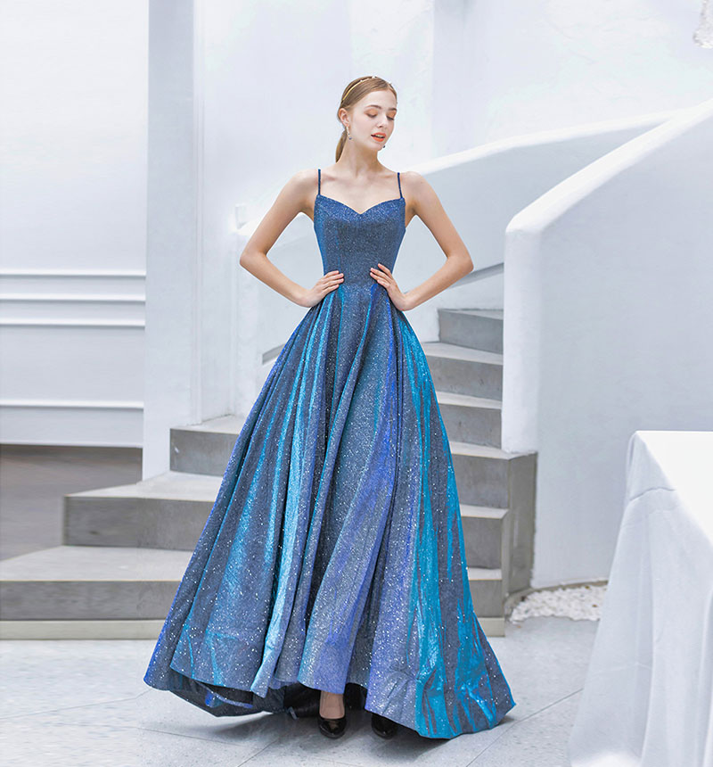 Blue sweetheart neck satin long prom dress, evening dress