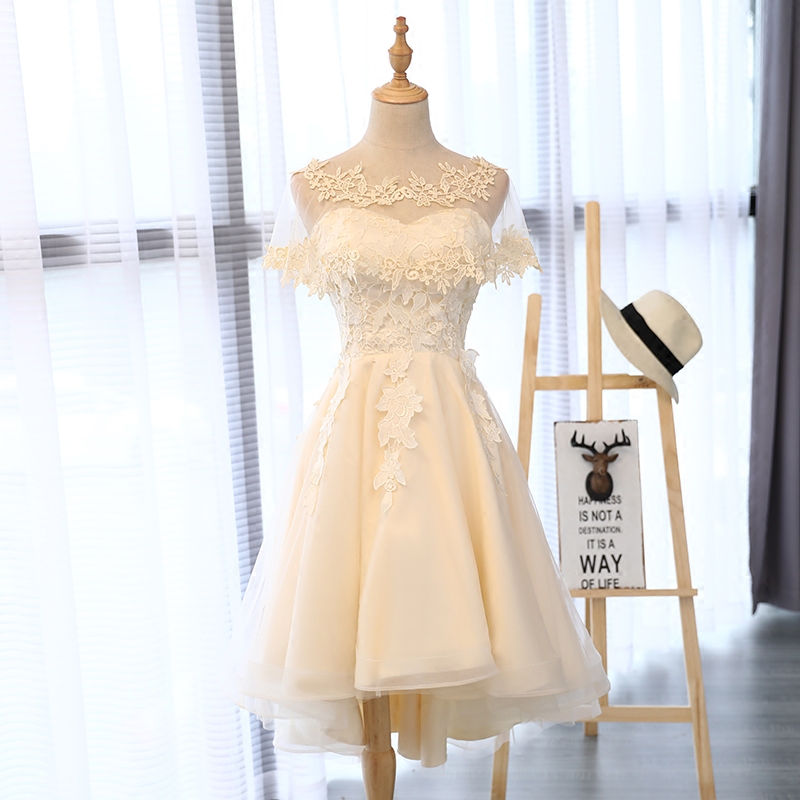 Cute champagne tulle lace short prom dress, evening dress