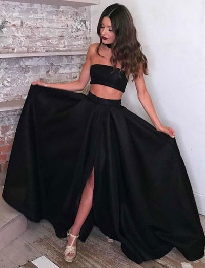 Two Piece Black Split Side Long Prom Dresses Under 100
