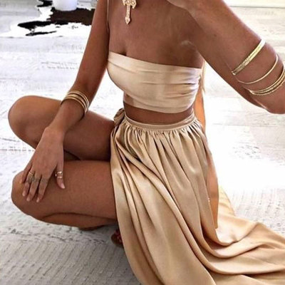 Two piece strapless split side long prom dresses - Thumbnail 4