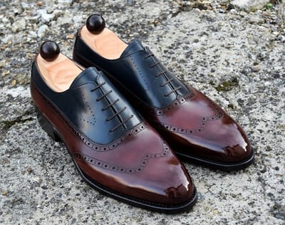 Handmade Men's Wing Tip Shoes, Men's Burgundy Black leather wing Tip Lace Up Shoes.
