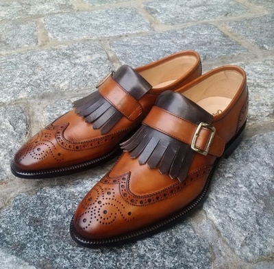 Handmade Men's Monk Shoes, Men's Dark Brown Black Leather Tassels Monk Strap Casual Shoes.