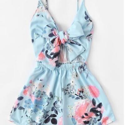 Casul print spaghetti straps jumpshorts for women - Thumbnail 4