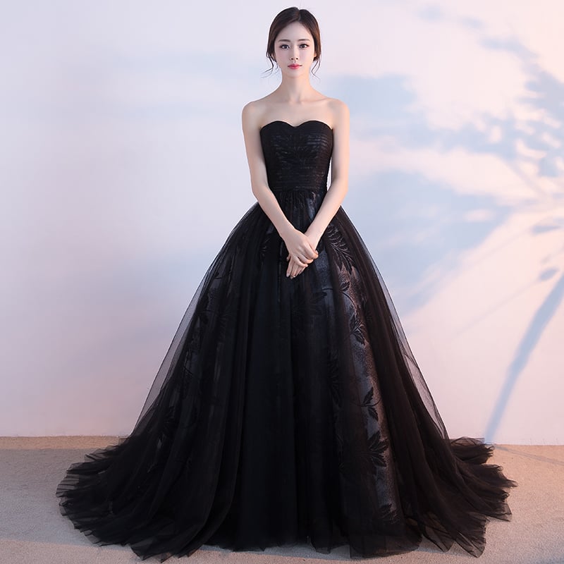 Black sweetheart neck tulle long prom dress, evening dress