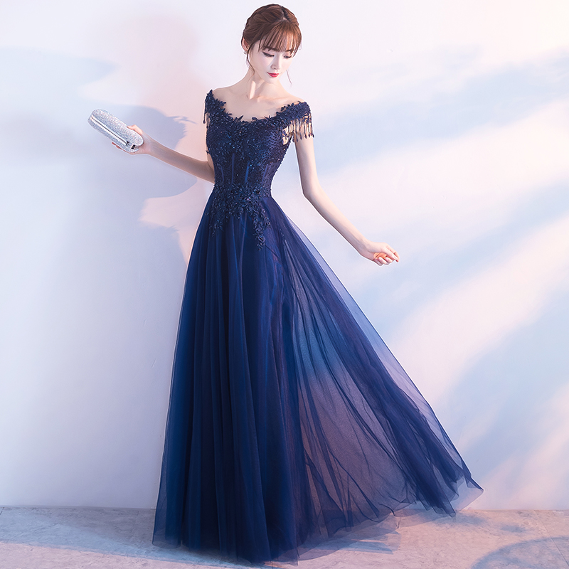 Dark blue tulle beads long prom dress, evening dress