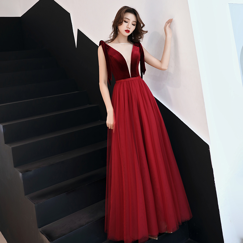 Burgundy velvet tulle long prom dress, burgundy evening dress