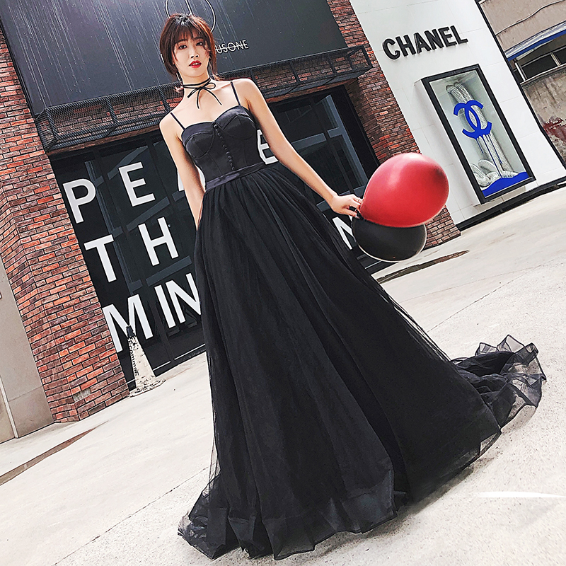 Black sweetheart neck tulle long prom dress, black evening dress