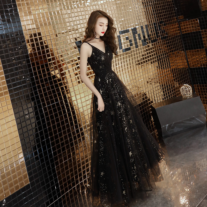 Black v neck tulle long prom dress, black evening dress