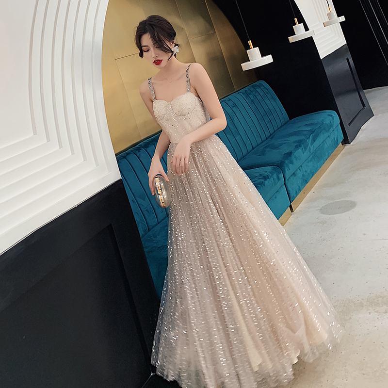 Champagne tulle sequins long prom dress, evening dress