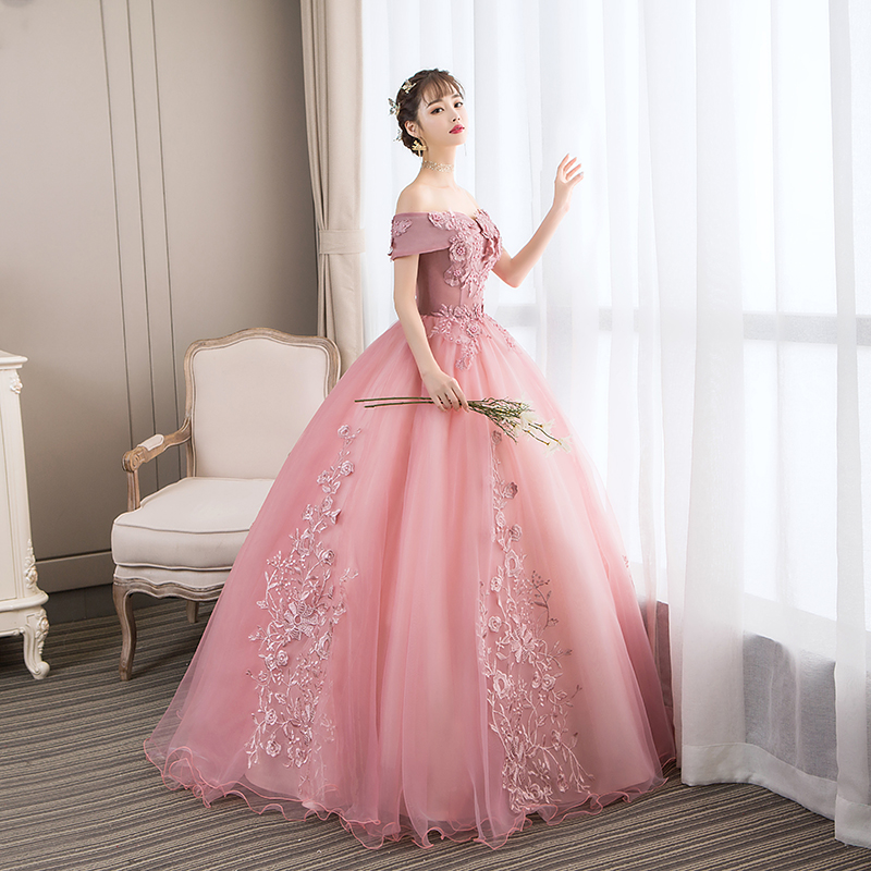 Pink tulle applique long prom dress, pink evening dress