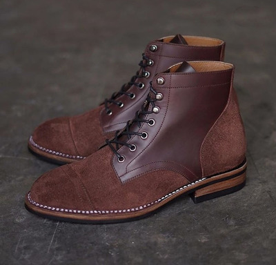 Handmade Men's Ankle High Boot, Men's Burgundy Leather & Suede Lace Up Fashion Boot.