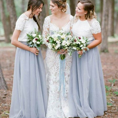 Two Piece Tulle Bridesmaid Dresses with Short Sleeves