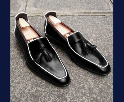 Handmade Men's Loafer Shoes, Men Black Leather Loafer Slip Tassels Casual Shoes.