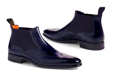 Handmade Men's Half Ankle Chelsea Boot,Men's Blue Leather Wing Tip Chelsea Boot