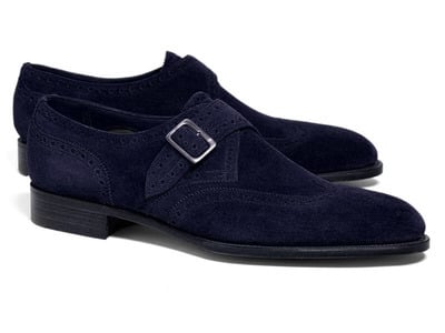 Handmade Men's Monk Shoes, Men's Navy Blue Suede Wing Tip Monk Strap Shoes.
