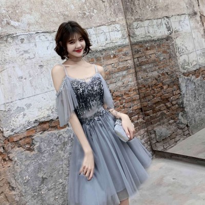 Cute v neck tulle sequins prom dress, gray evening dress - Thumbnail 5