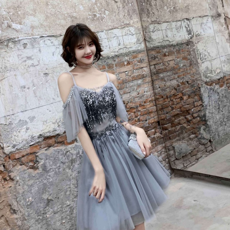 Cute v neck tulle sequins prom dress, gray evening dress