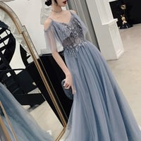 Cute v neck tulle sequins prom dress, gray evening dress - Thumbnail 2