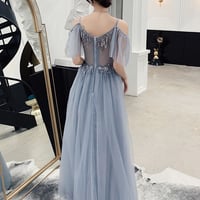 Cute v neck tulle sequins prom dress, gray evening dress - Thumbnail 3