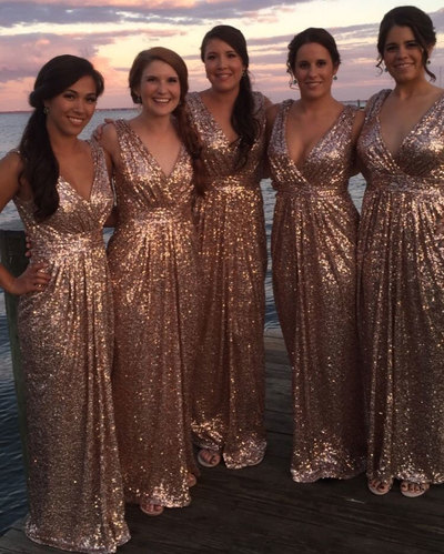V Neck Sequined Long Bridesmaid Dresses for Wedding