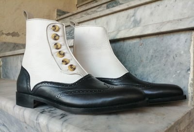 Handmade Men's Wing Tip Brogue Leather Boot, Men's Black White Ankle High Button Top Boot