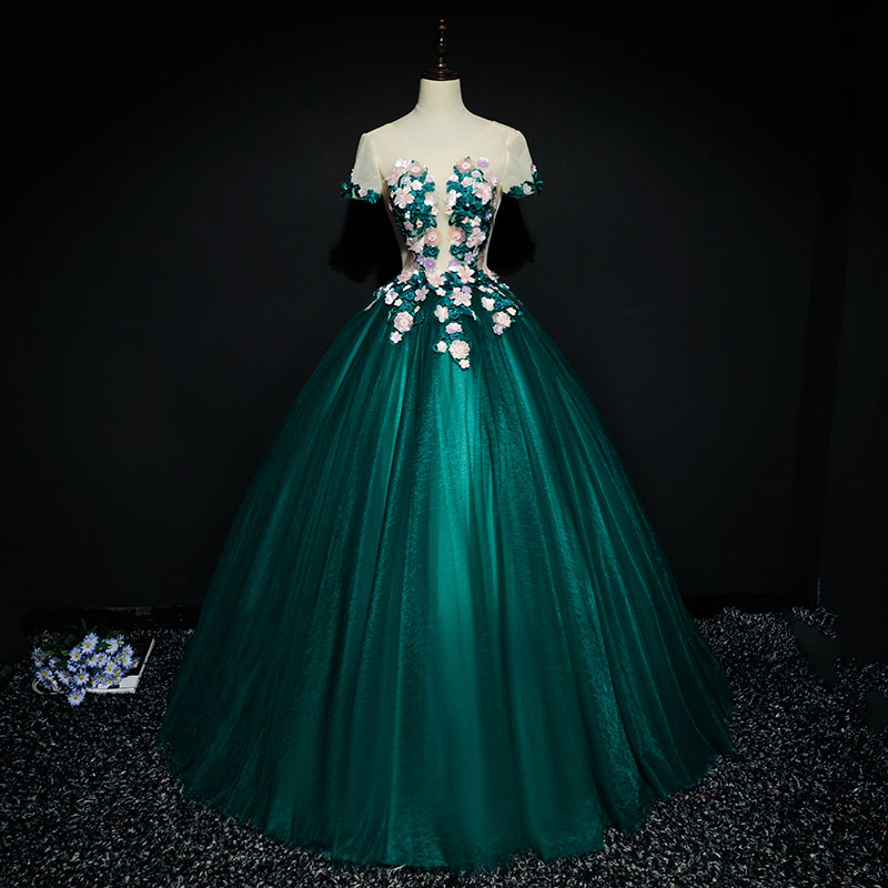 Dark green tulle applique long prom dress, evening dress