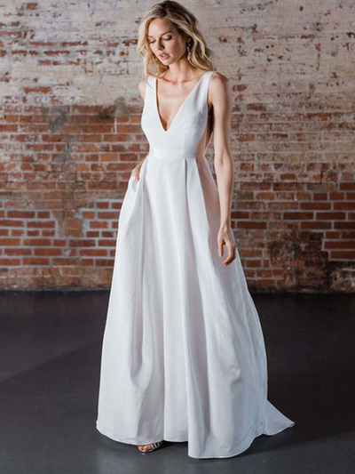 Simple A-Line Deep V Neck Open Back White Satin Wedding Dresses,2019 Wedding Gown