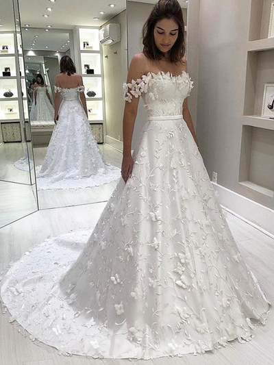 Princess A-Line Off the Shoulder White Lace Wedding Dresses,Bridal Gown