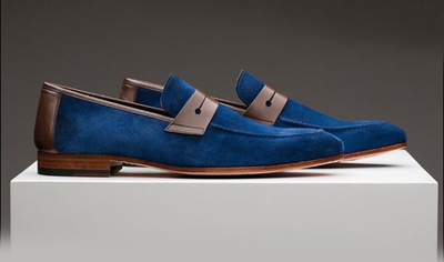 Handmade Men's Suede Shoes, blue Penny Loafer Slip On Casual Shoes
