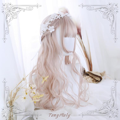 Girl Pastel Pink Blonde Gradient Air Bangs Long Curly Wigs