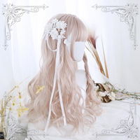 Girl Pastel Pink Blonde Gradient Air Bangs Long Curly Wigs - Thumbnail 1