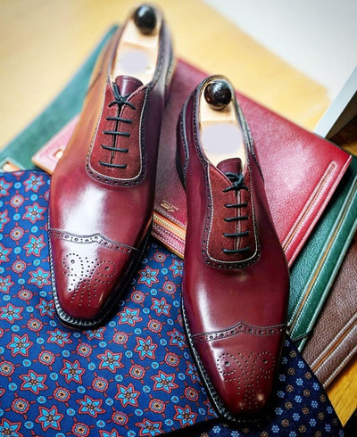 Handmade Men's Lace Up Wing Tip Shoes, Men's Burgundy Leather Suede Shoes.