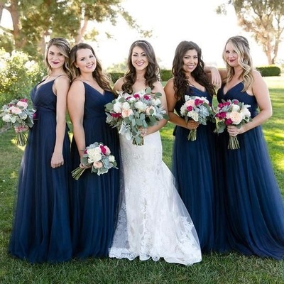 Spaghetti Straps Tulle Navy Blue Long Bridesmaid Dresses