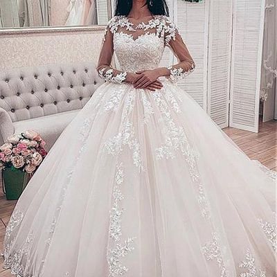 Gorgeous ball gown round neck long sleeve white tulle wedding dresses with appliques - Thumbnail 5