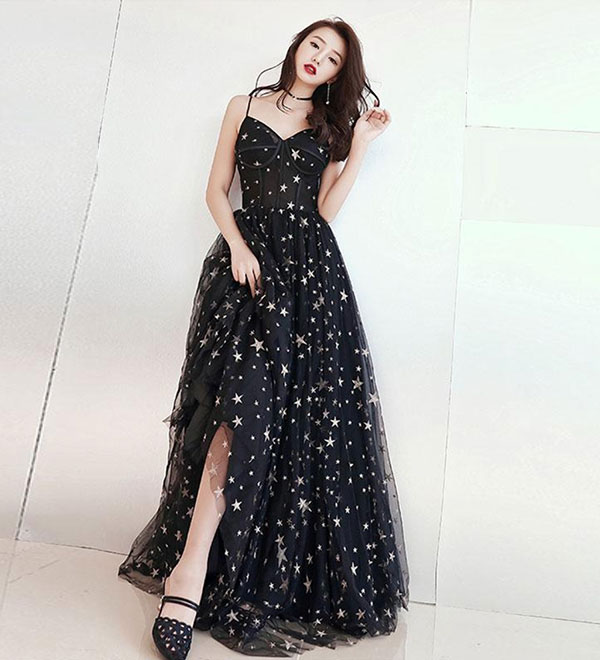 Black sweetheart neck tulle long prom dress, black evening dress
