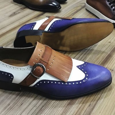 Handmade men's fringe wing tip shoes, men's blue white leather shoes - Thumbnail 5