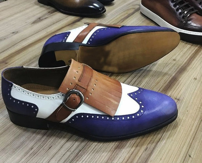 Handmade Men's Fringe Wing Tip Shoes, Men's Blue White Leather Shoes