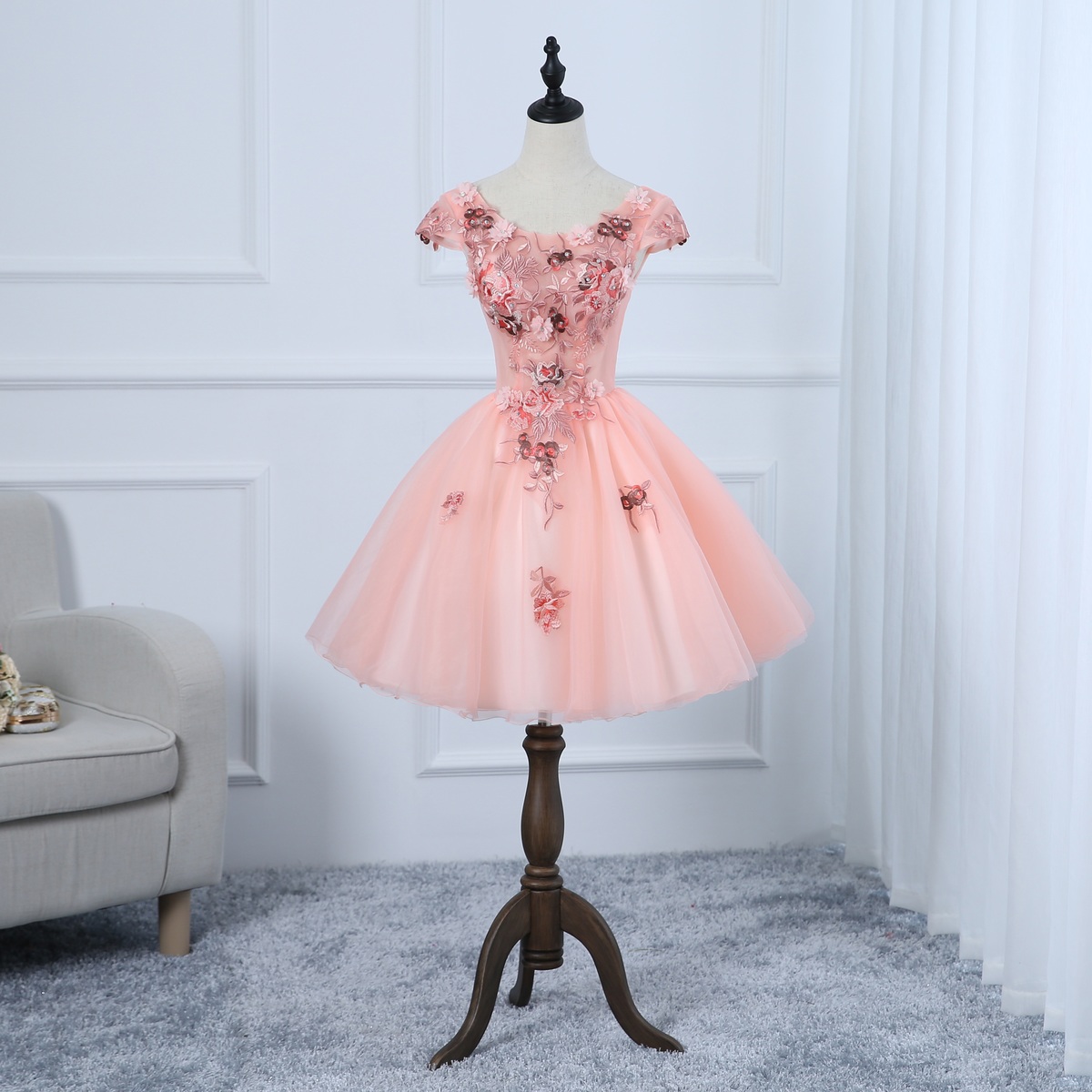 Cute pink tulle lace short prom dress, homecoming dress