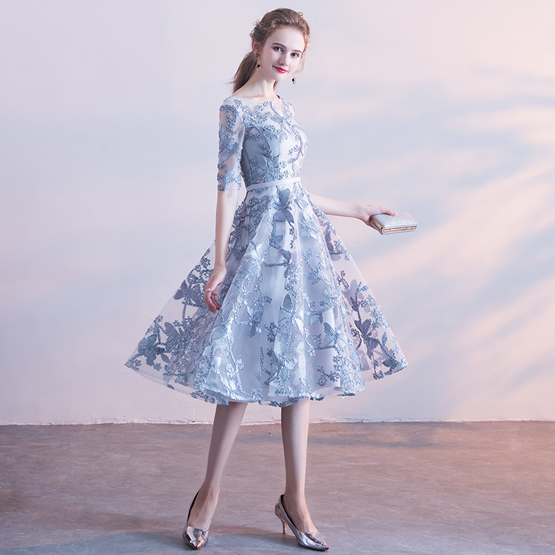 Gray round neck short prom dress, gray evening dress