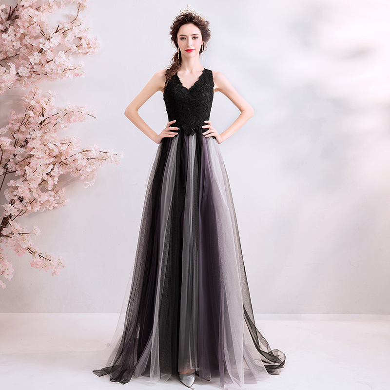 Black v neck lace tulle long prom dress, black evening dress