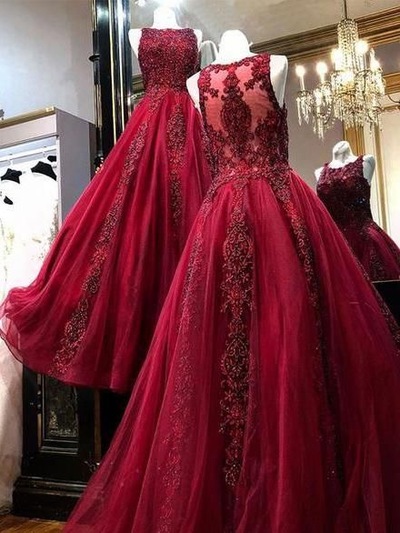 Burgundy Tulle Prom Dresses with Appliques Lace