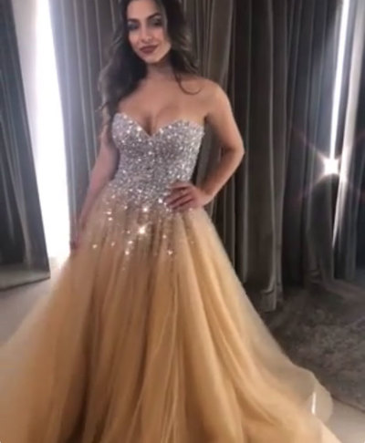 Sweetheart Tulle Long Prom Dresses with Rhinestone