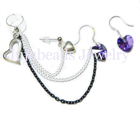 Heliotrope Swarovski Hearts Double Chain Ear Cuff Sett