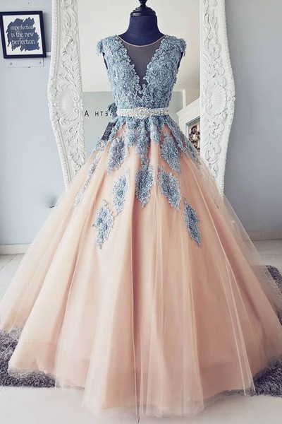 Sheer V Neck Tulle Prom Dresses with Appliques