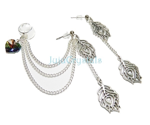 Peacock Feathers Swarovski Chain Ear Cuff